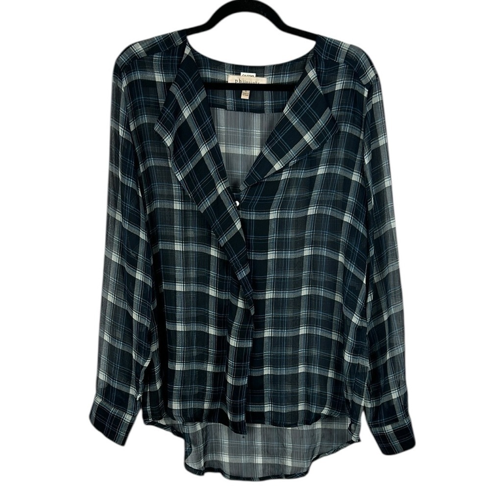 Philosophy Sheer Plaid V Neck Long Sleeve Button Down High Low Shirt Large Blue